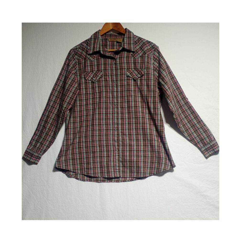 Wrangler Woman's Pearl Snap Button Up Long Sleeve Pink And Brown Plaid Size XL